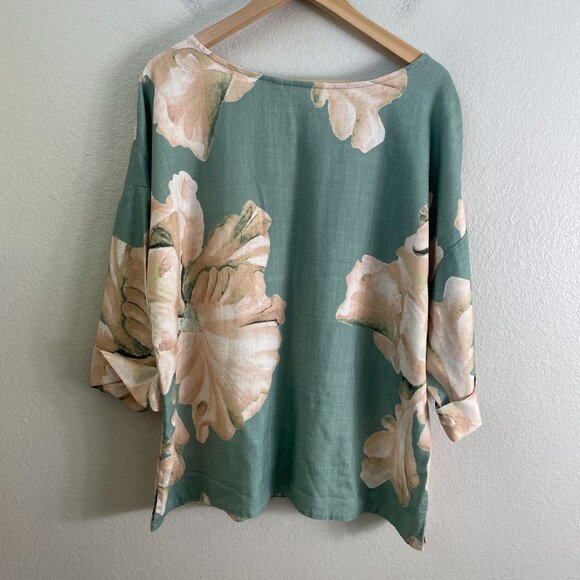 Soft Surroundings XL Fleur Top Teal Beige 3/4 Sleeve Lyocell Linen Floral Shirt - Picture 11 of 11